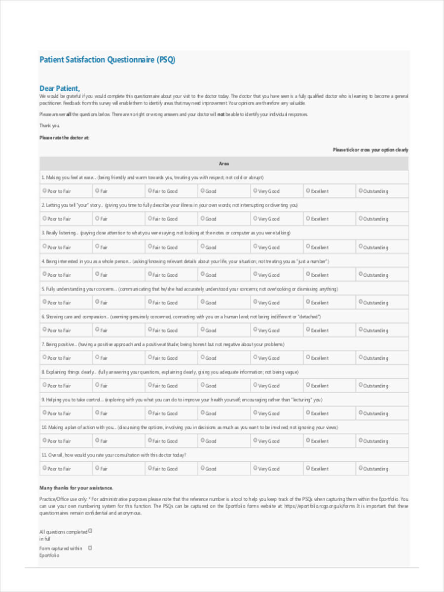 FREE 7+ Patient Satisfaction Questionnaire Forms in PDF Ms Word