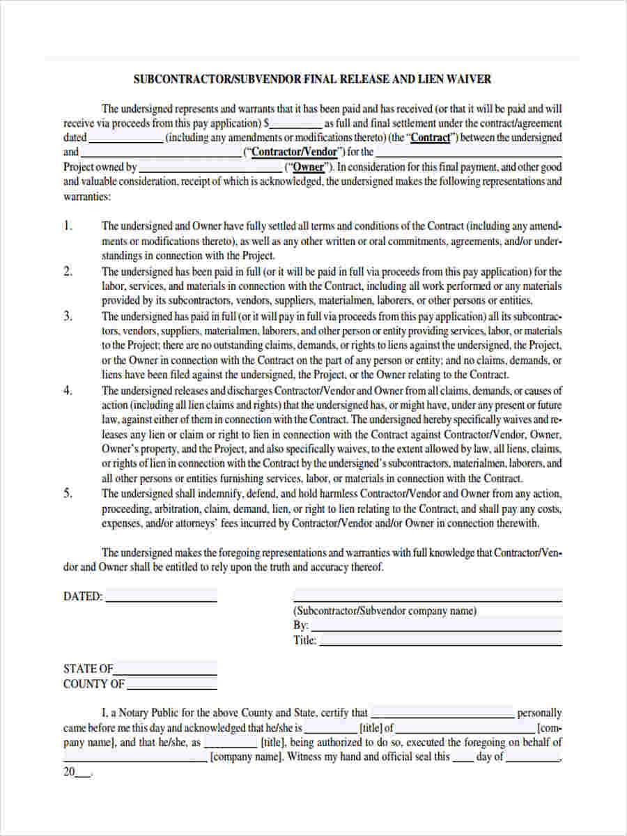 FREE 7+ Lien Waiver Forms in PDF Ms Word