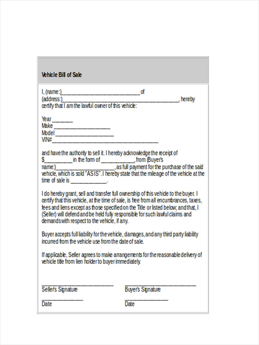 FREE 7+ Truck Bill of Sale Forms in MS Word PDF