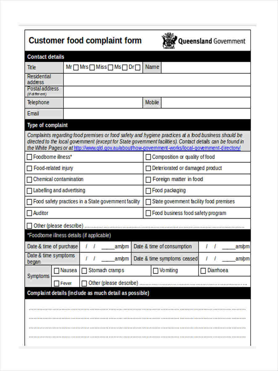 Printable Customer Complaint Forms