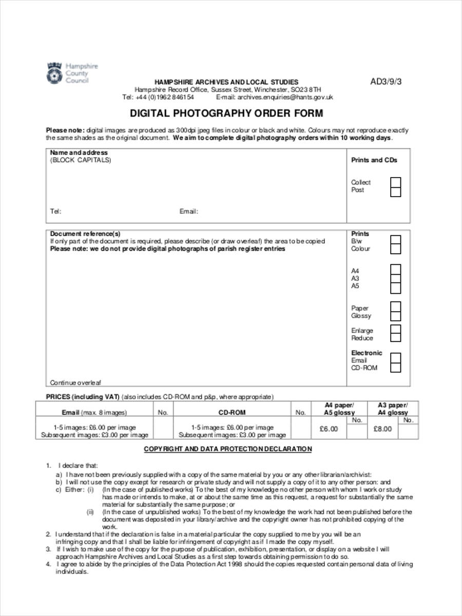 FREE 7+ Photography Order Forms in PDF Ms Word