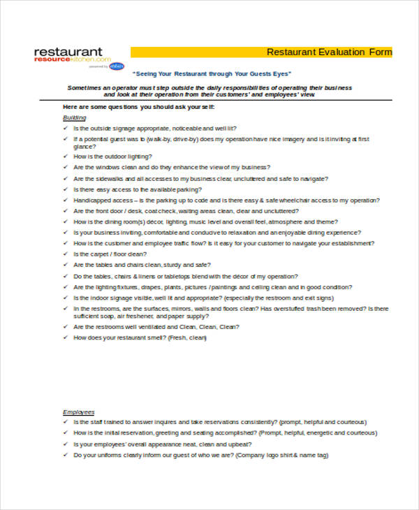 FREE 7+ Sample Restaurant Evaluation Forms in PDF MS Word