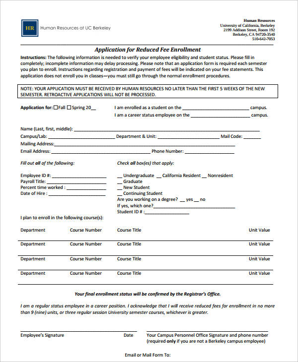 FREE 10+ Reduced Fee Enrollment Application Forms in PDF MS Word