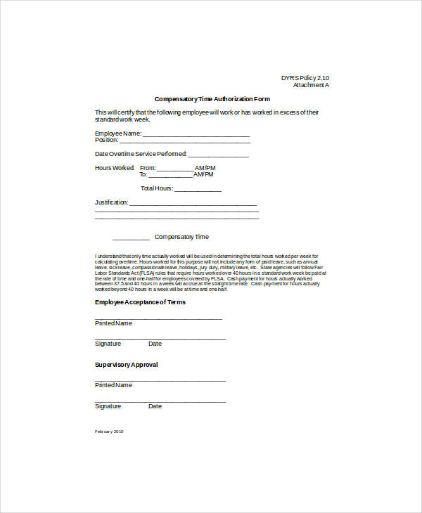 FREE 10+ Compensatory Time Authorization Forms in PDF MS Word