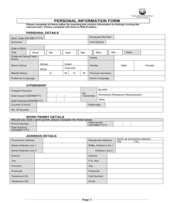FREE 6+ Basic Personal Information Forms in PDF MS Word
