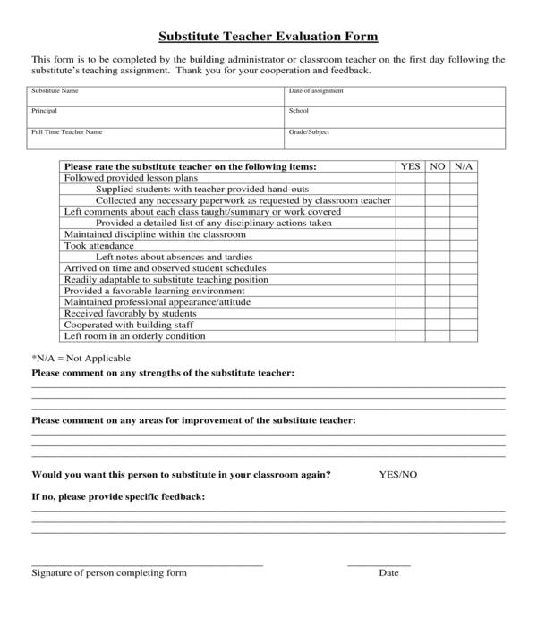 FREE 5+ Substitute Teacher Evaluation Forms in PDF MS Word Excel