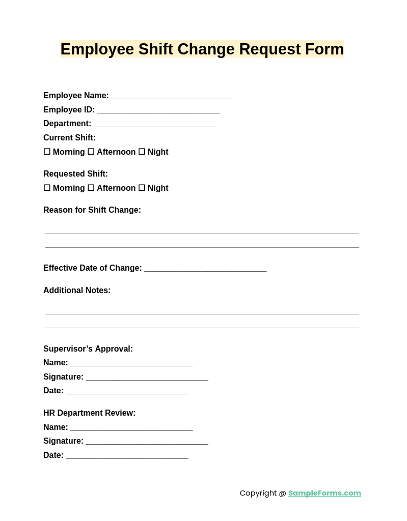 FREE 11+ Employee Shift Change Form Samples, PDF, MS Word, Google Docs