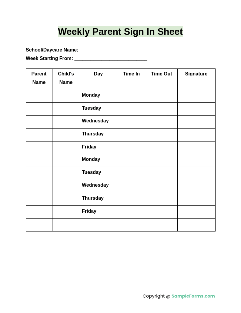 FREE 12+ Parent Sign In Sheet Samples, PDF, MS Word, Google Docs, Excel