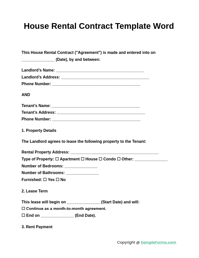 House Rental Agreement Template Word