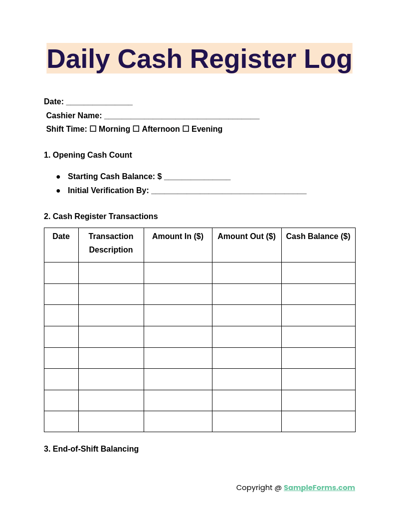 FREE 11+ Daily Cash Log Samples, PDF, MS Word, Google Docs, Excel