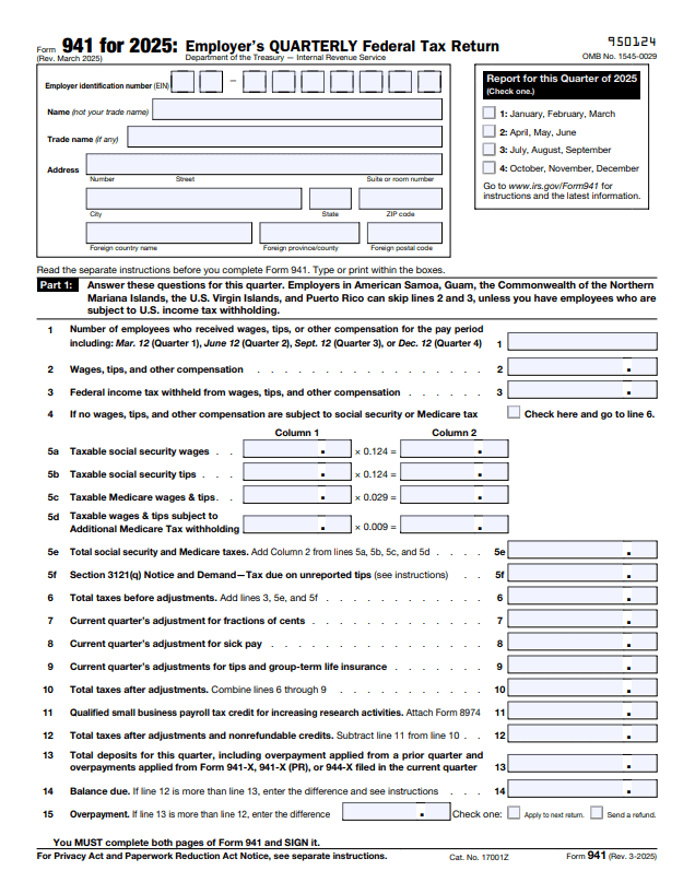 Form 941 for 2025 - Fill, Sign Online, Download & Print - No Signup