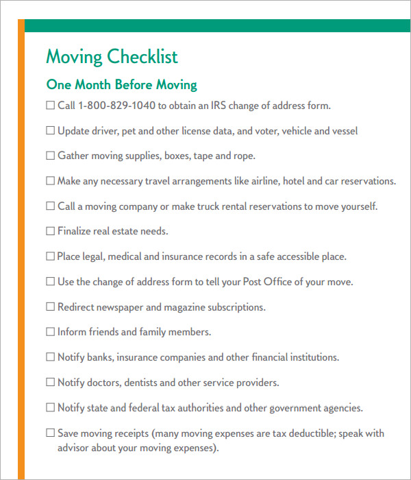 10 Sample Moving Checklist Templates to Download for Free Sample