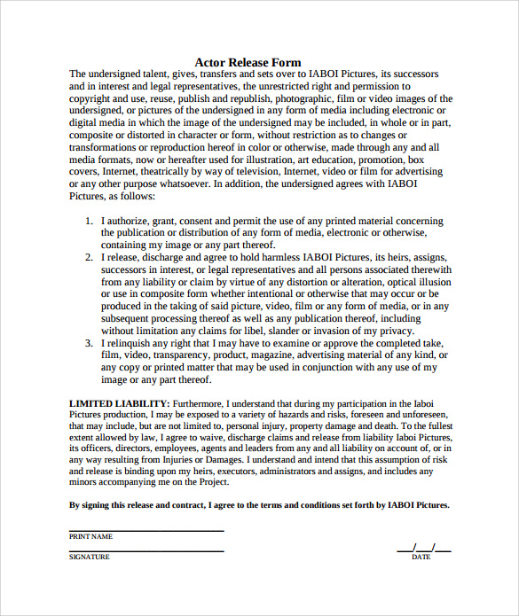 10 Sample Actor Release Forms To Download Sample Templates