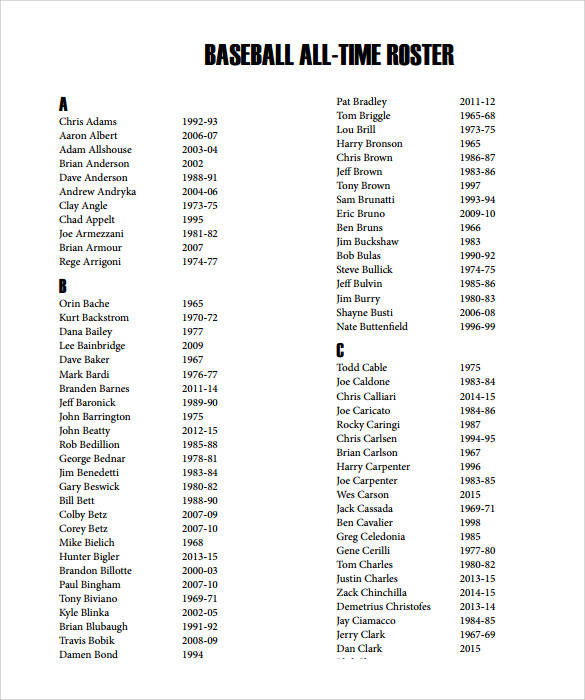 FREE 10+ Sample Baseball Roster Templates in PDF