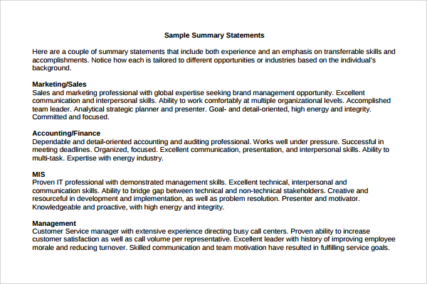 9 Professional Summary Templates to Download Sample Templates