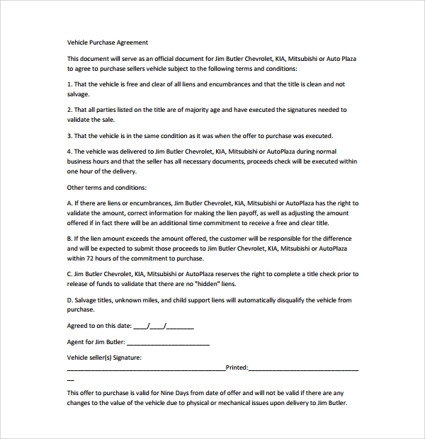 7+ Auto Purchase Agreement Templates Sample Templates