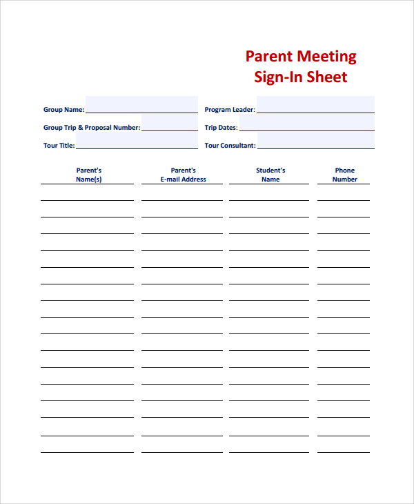 parent sign in sheet template