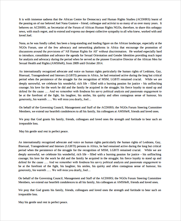 9+ Sample Condolence Messages Sample Templates