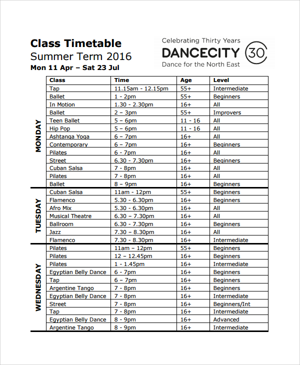 FREE 9+ Sample Class Timetable Templates in PDF MS Word Excel