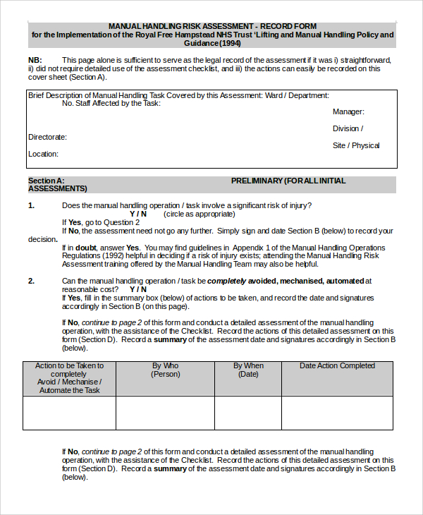 FREE 8+ Sample Manual Handling Risk Assessment Templates in MS Word PDF