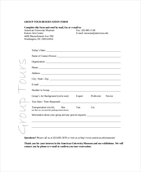 FREE 6+ Sample Tour Reservation Forms in PDF MS Word