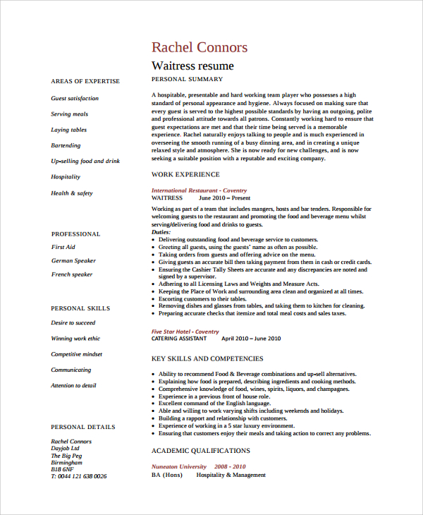 FREE 6+ Waitress Resume Samples in PDF MS Word