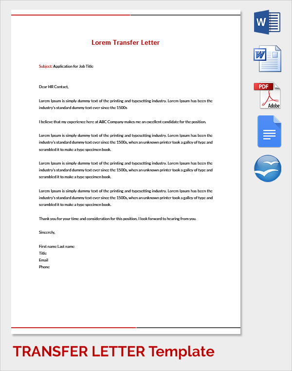 FREE 13+ Sample Transfer Letter Templates in PDF, Word, Pages, Google Docs