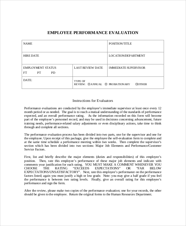 FREE 6+ Sample Employee Performance Evaluation Templates in PDF MS Word
