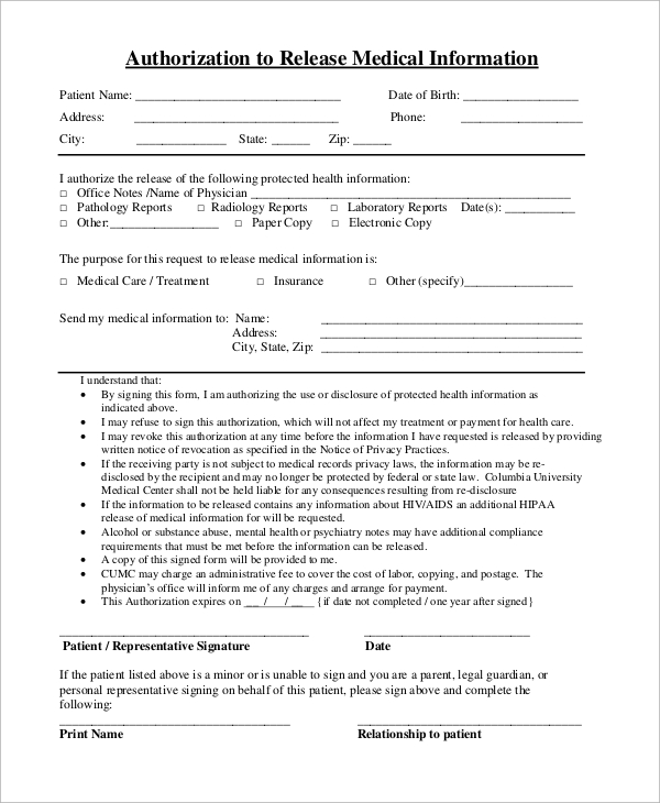 FREE 9+ Sample Medical Release Forms in PDF