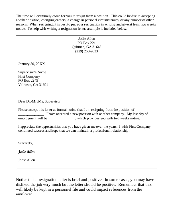 FREE 7+ Sample of Resignation Letter Templates in MS Word PDF