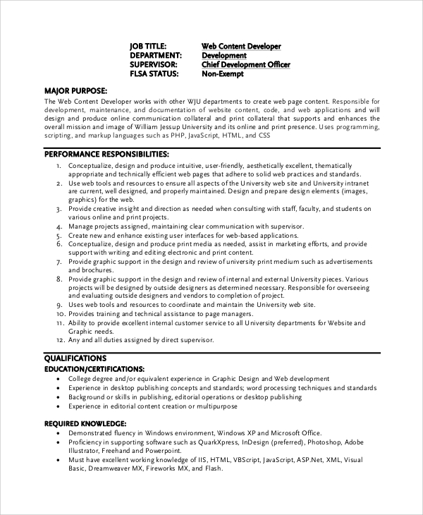 FREE 8+ Sample Web Developer Job Description Templates in PDF MS Word
