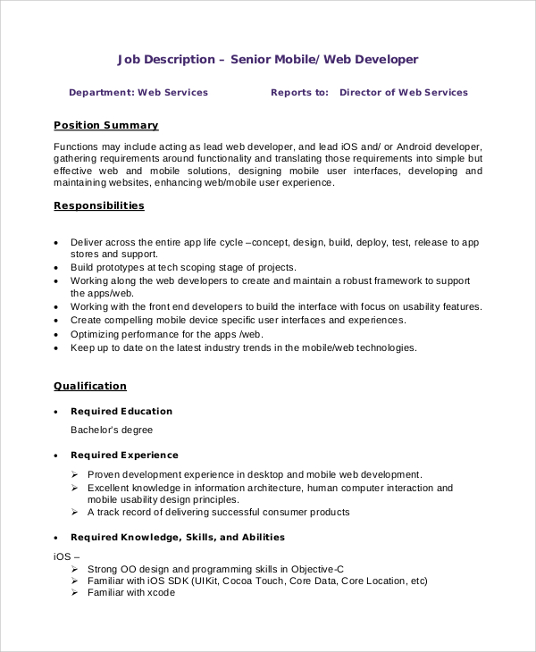 FREE 8+ Sample Web Developer Job Description Templates in PDF MS Word