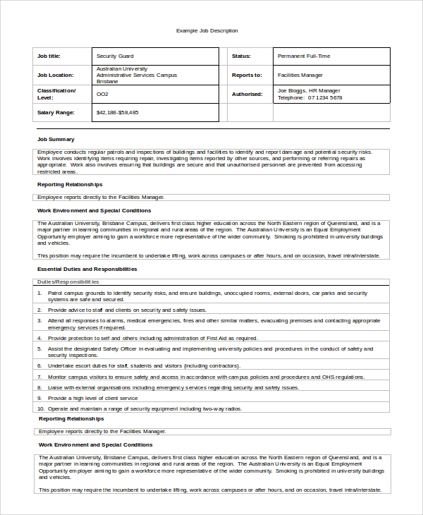 FREE 10+ Sample Security Guard Job Description Templates in PDF MS Word