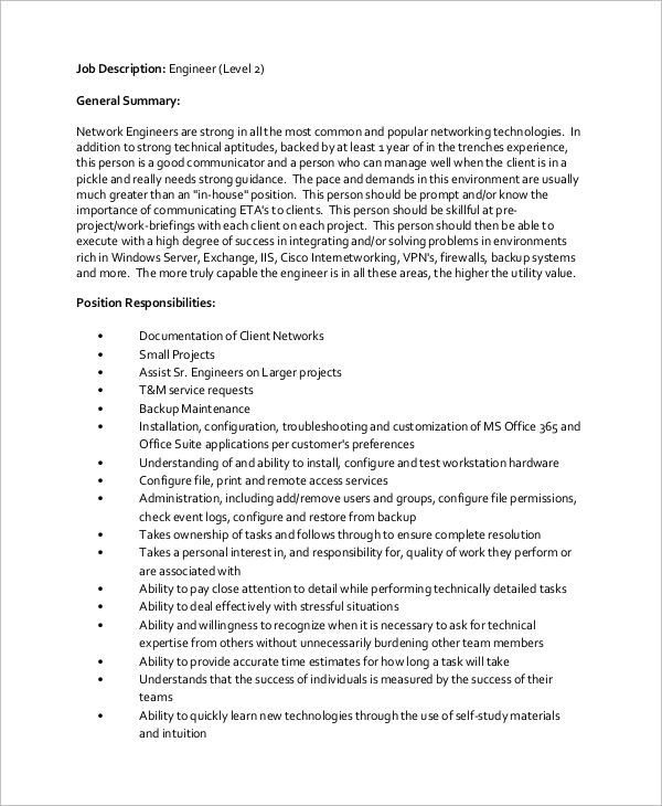 FREE 10+ Sample Network Engineer Job Description Templates in MS Word PDF