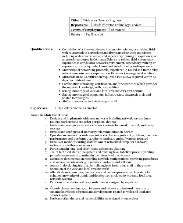 FREE 10+ Sample Network Engineer Job Description Templates in MS Word PDF