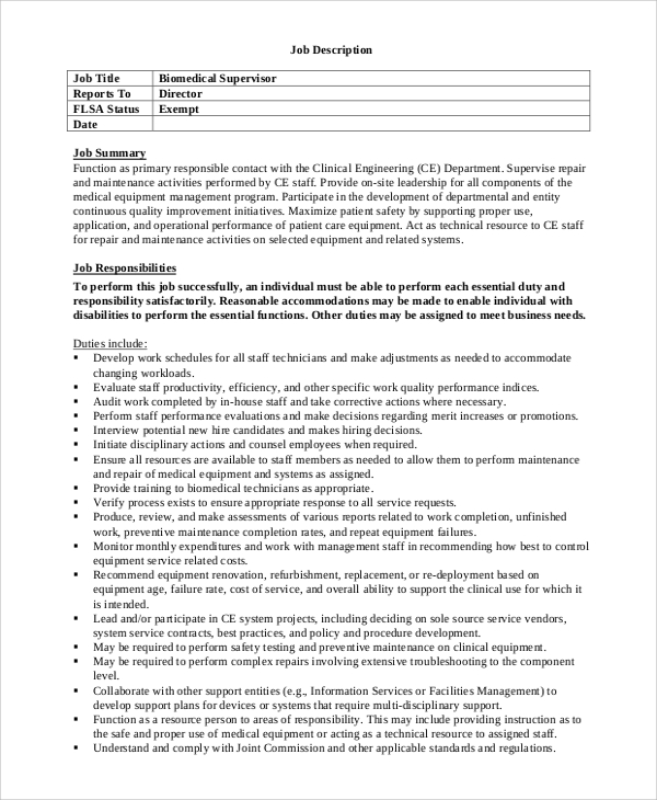 FREE 7+ Sample Biomedical Engineering Job Description Templates in MS
