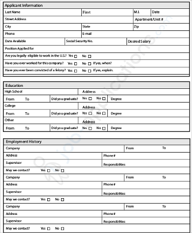 Printable Generic Application For Employment