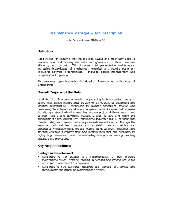 FREE 8+ Plant Manager Job Description Samples in MS Word PDF