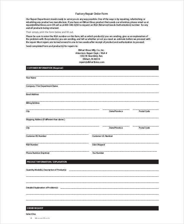 FREE 9+ Sample Repair Order Forms in MS Word PDF