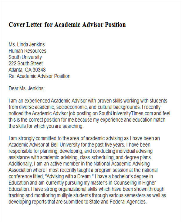 FREE 6+ Sample Academic Advisor Cover Letter Templates in PDF MS Word