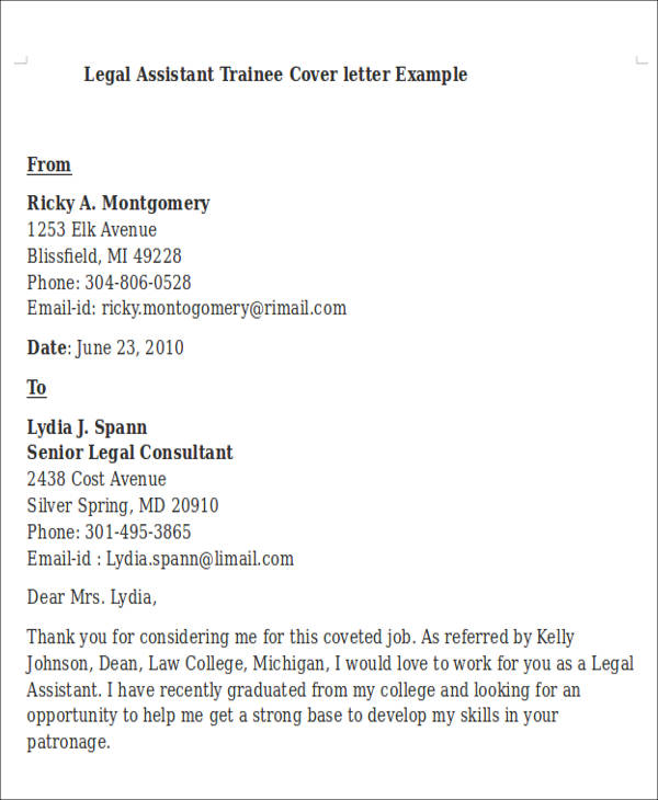 FREE 7+ Legal Assistant Cover Letter Templates in MS Word PDF