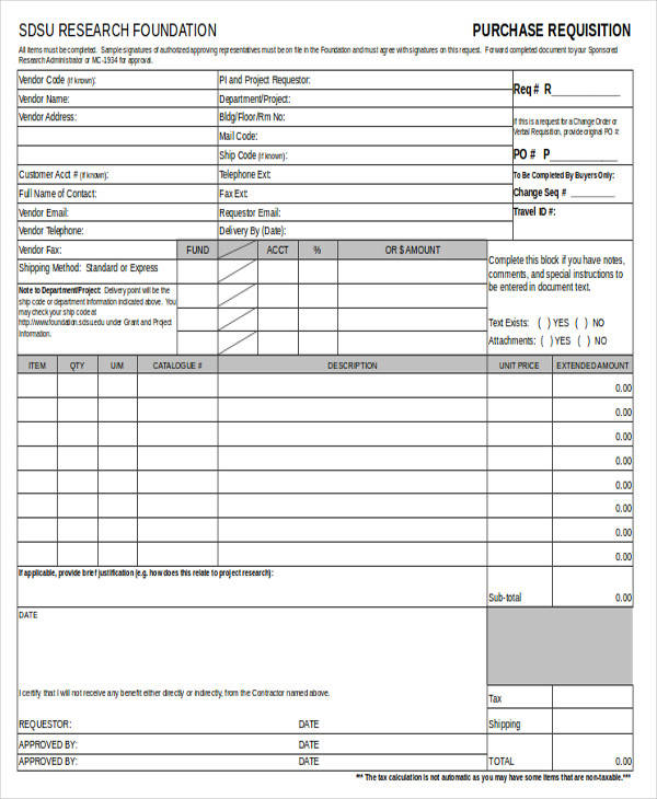 Sample Purchase Requisition Form Excel Templates