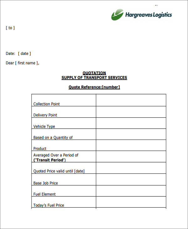 Transport Quote Template HQ Printable Documents