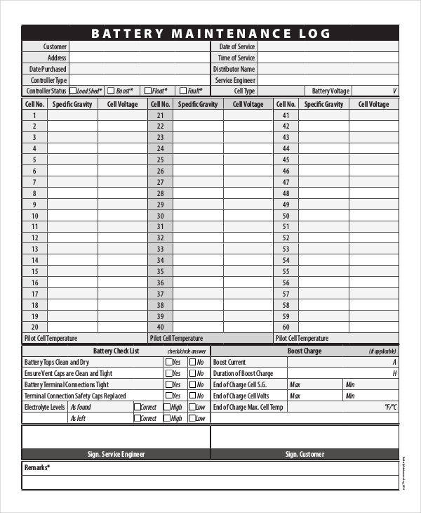 Battery Maintenance Log Sheet