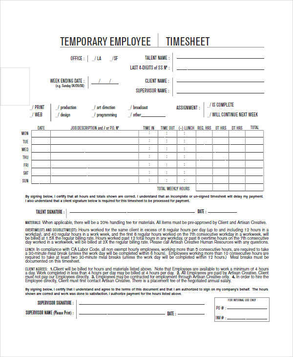 FREE 45+ Timesheet Templates in MS Words Apple Pages