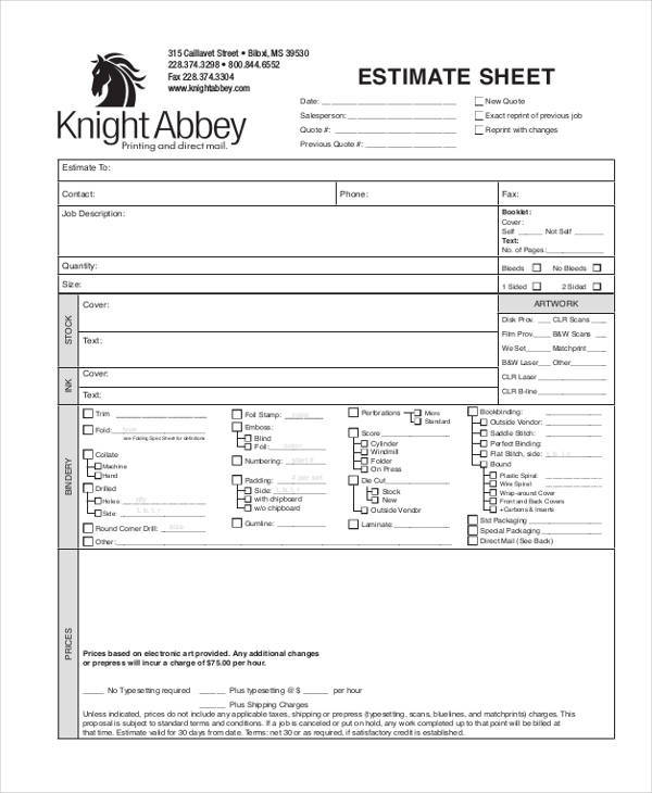 Blank Estimate Sheets Printable