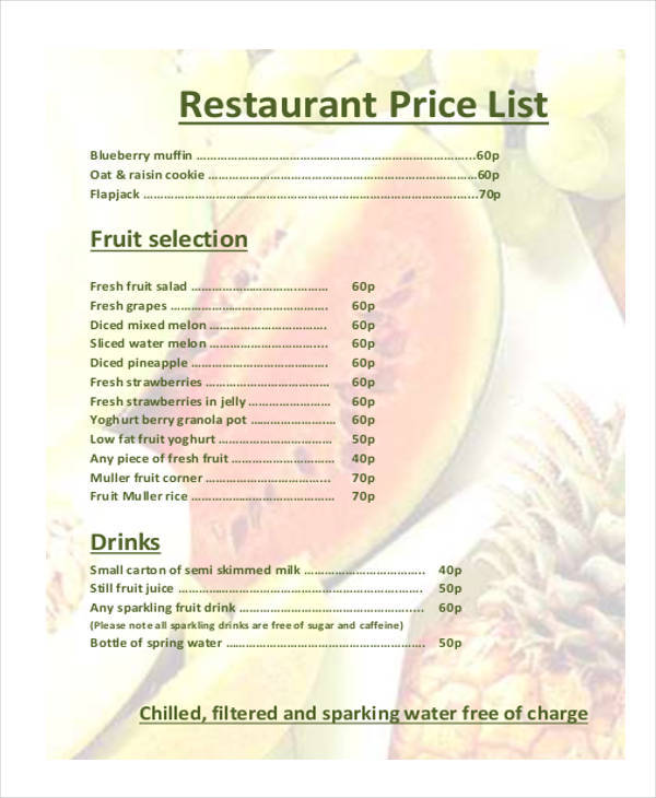 FREE 54+ Price List Samples in PDF MS Word PSD AI Publisher Pages Indesign