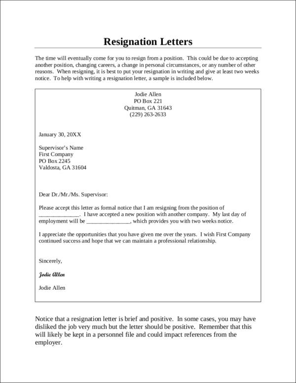 FREE 9+ Resignation Notice Samples & Templates in MS Word PDF