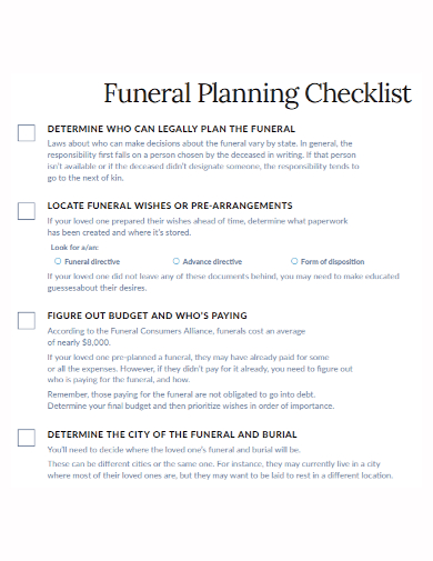 FREE 10+ Funeral Planning Checklist Samples in MS Word | Google Docs