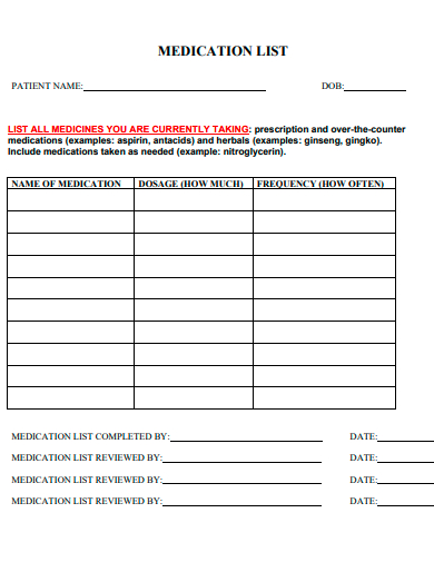 FREE 50+ Medication List Samples in PDF | MS Word